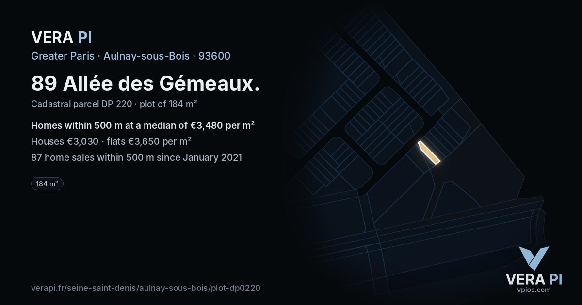 89 Allée des Gémeaux, Aulnay-sous-Bois at night – the plot lit, the parcels around coloured by the prices near them