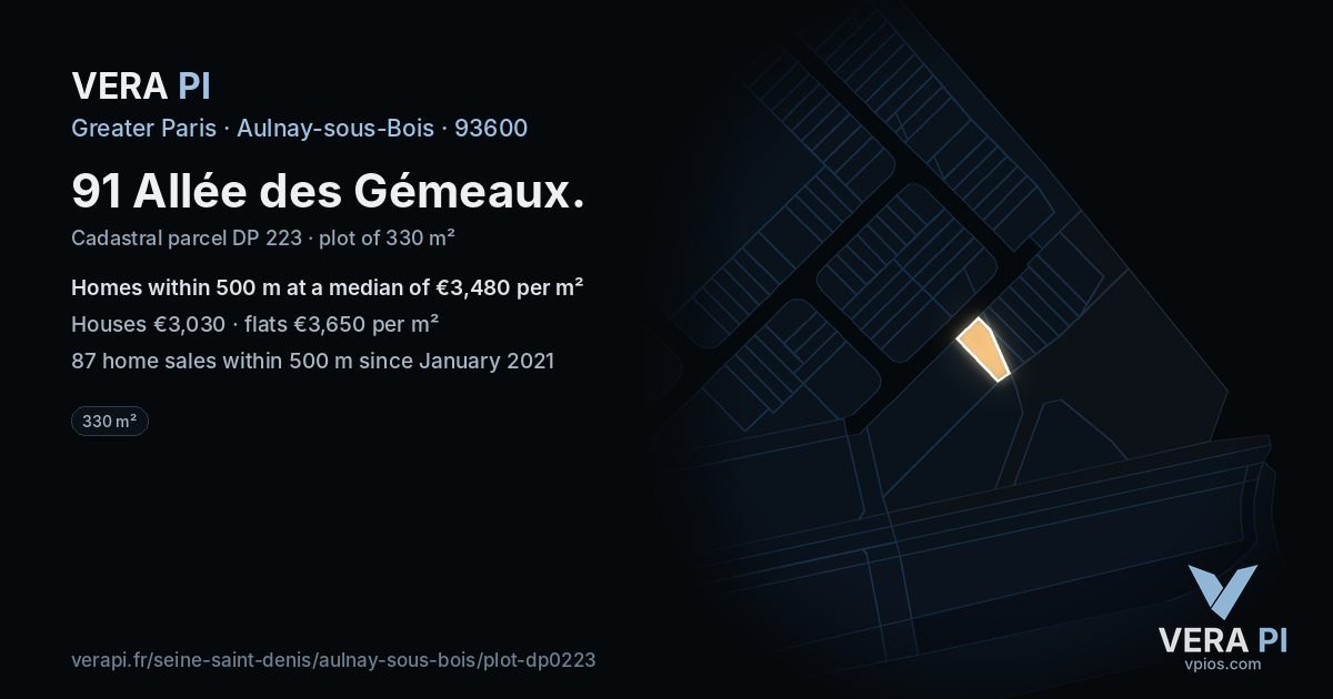 91 Allée des Gémeaux, Aulnay-sous-Bois at night – the plot lit, the parcels around coloured by the prices near them
