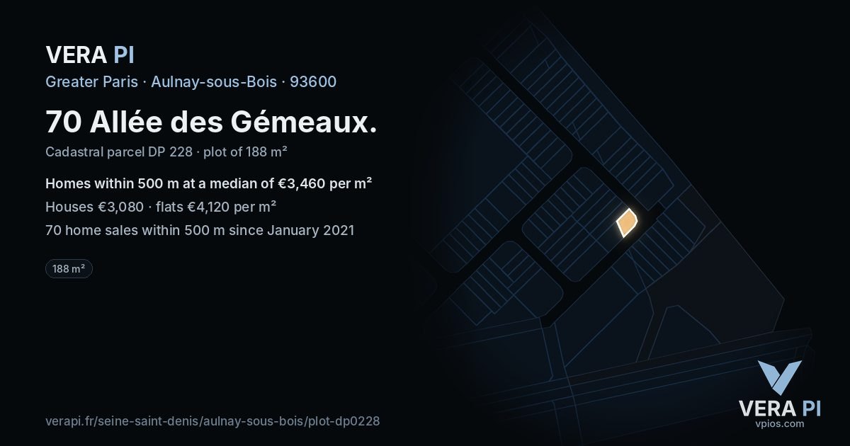 70 Allée des Gémeaux, Aulnay-sous-Bois at night – the plot lit, the parcels around coloured by the prices near them