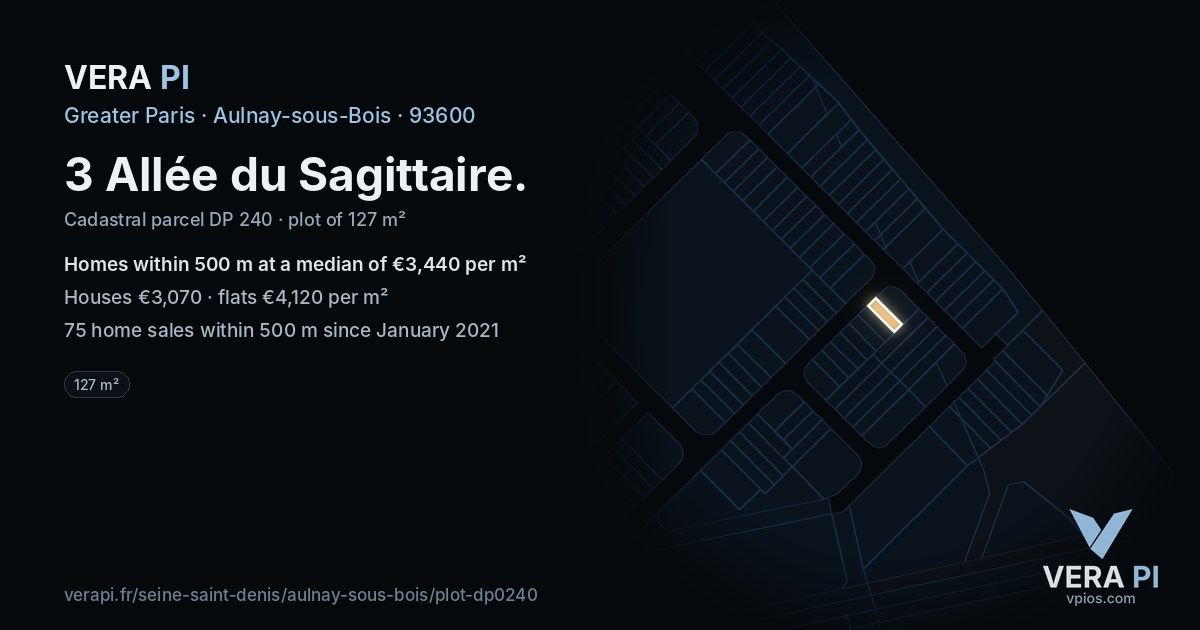 3 Allée du Sagittaire, Aulnay-sous-Bois at night – the plot lit, the parcels around coloured by the prices near them