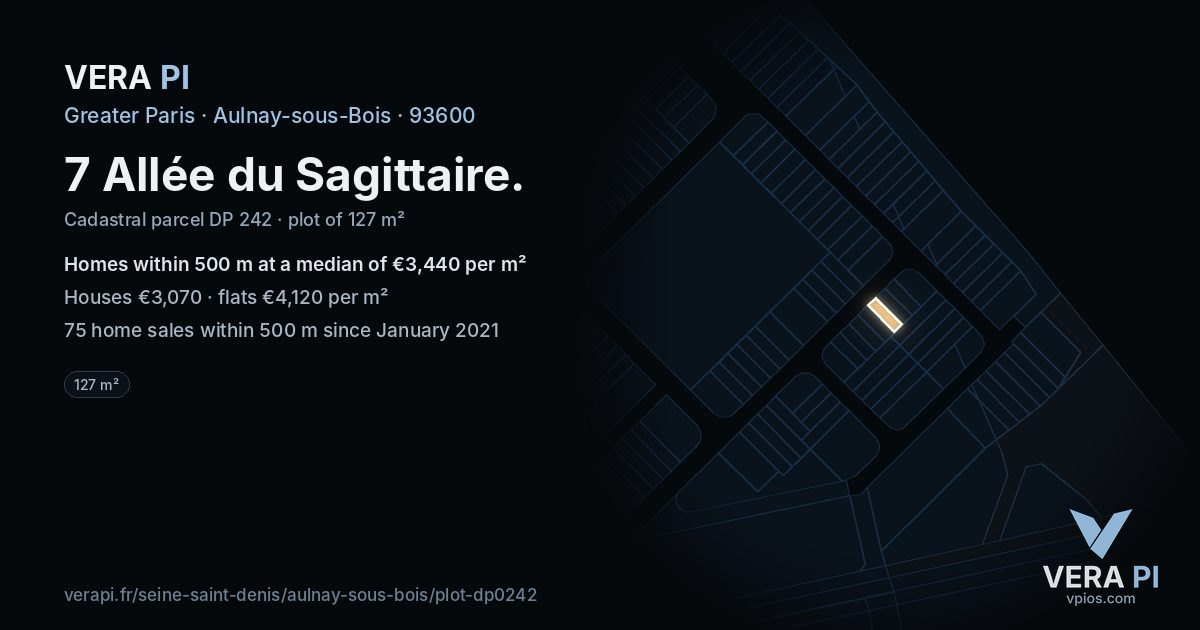 7 Allée du Sagittaire, Aulnay-sous-Bois at night – the plot lit, the parcels around coloured by the prices near them