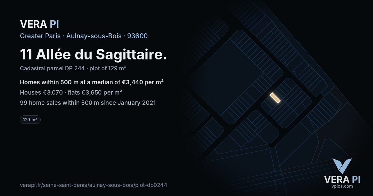 11 Allée du Sagittaire, Aulnay-sous-Bois at night – the plot lit, the parcels around coloured by the prices near them