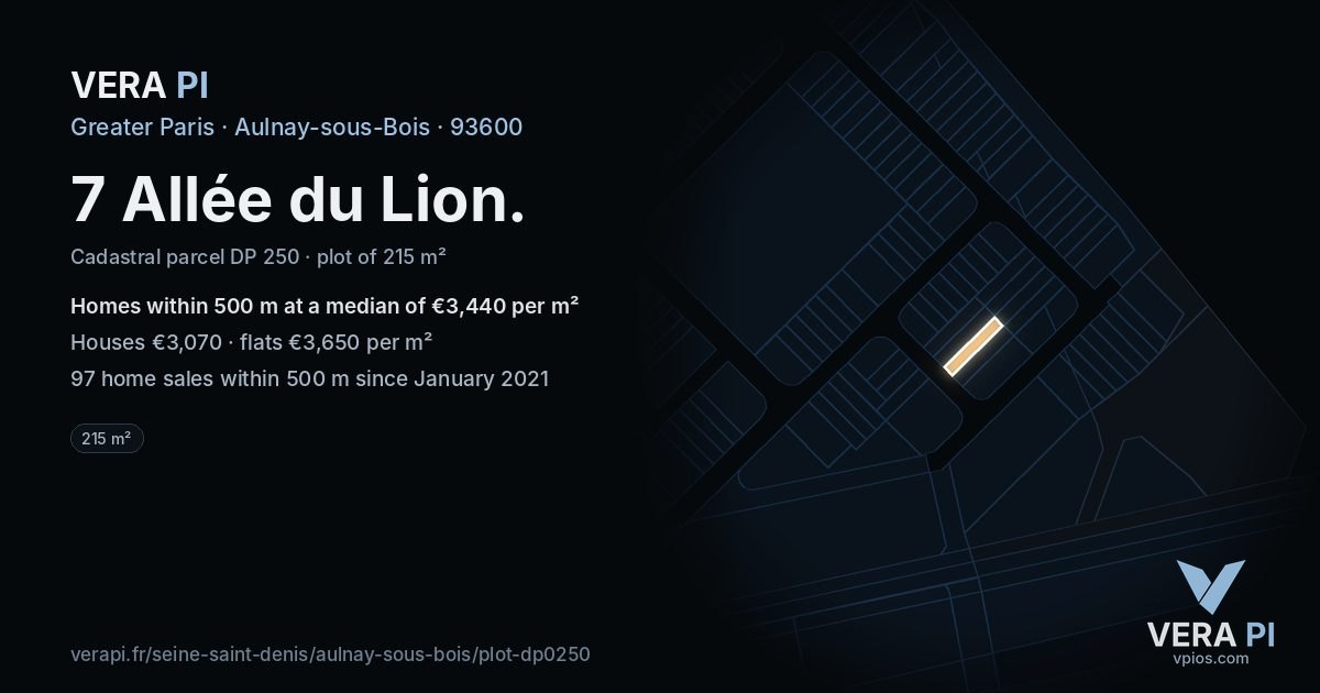 7 Allée du Lion, Aulnay-sous-Bois at night – the plot lit, the parcels around coloured by the prices near them