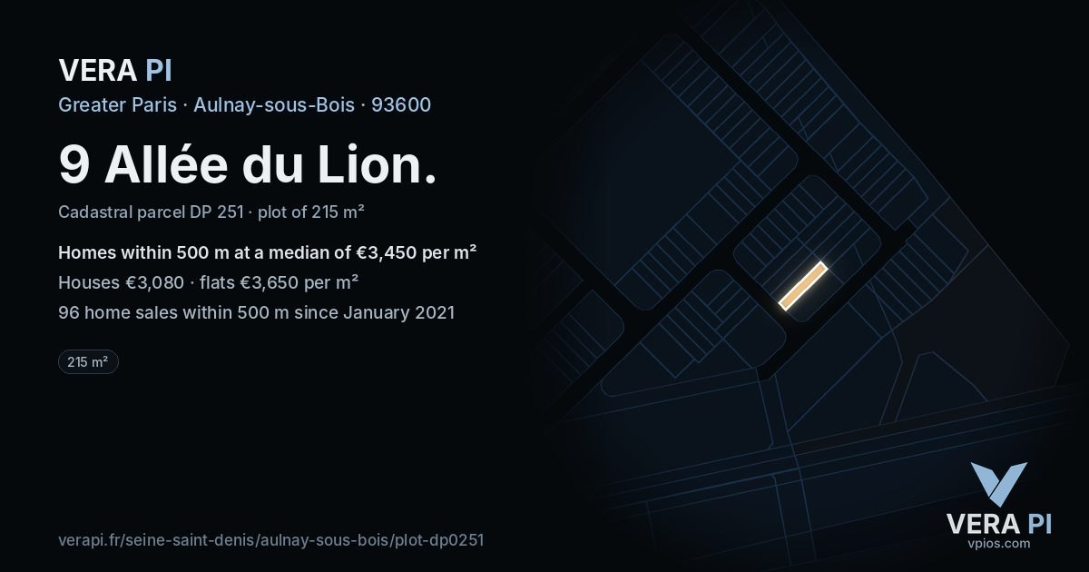 9 Allée du Lion, Aulnay-sous-Bois at night – the plot lit, the parcels around coloured by the prices near them