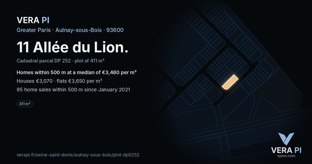 11 Allée du Lion, Aulnay-sous-Bois at night – the plot lit, the parcels around coloured by the prices near them