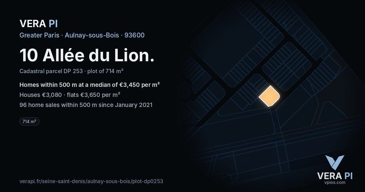 10 Allée du Lion, Aulnay-sous-Bois at night – the plot lit, the parcels around coloured by the prices near them