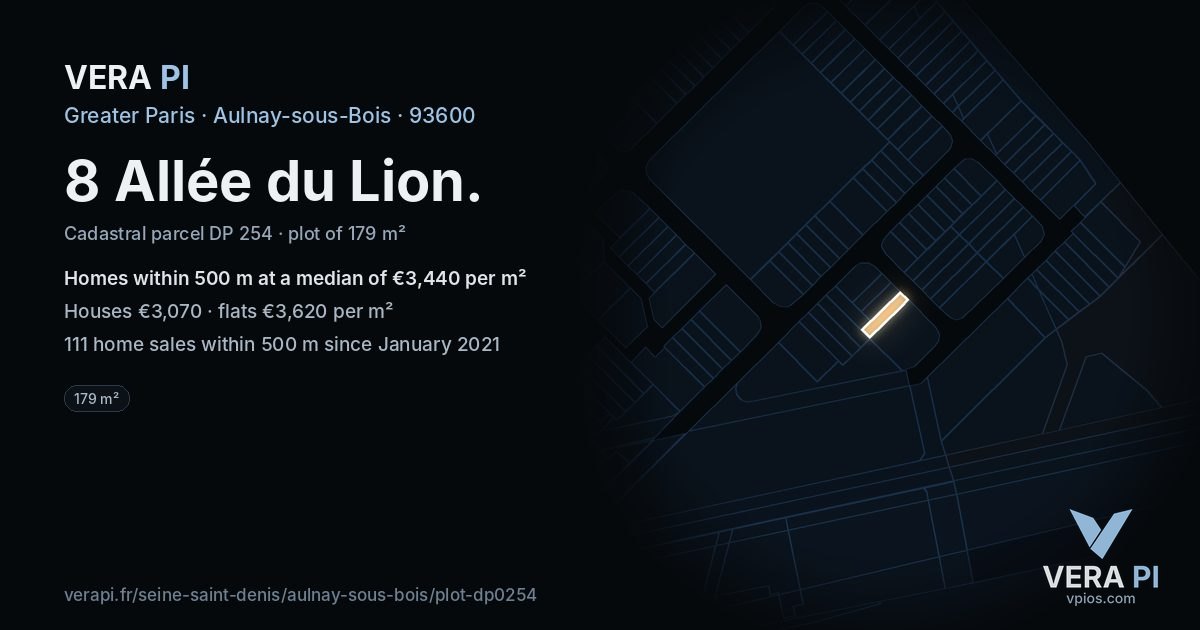 8 Allée du Lion, Aulnay-sous-Bois at night – the plot lit, the parcels around coloured by the prices near them