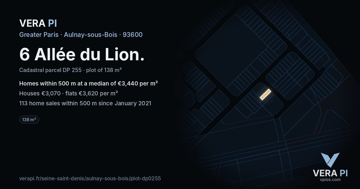 6 Allée du Lion, Aulnay-sous-Bois at night – the plot lit, the parcels around coloured by the prices near them