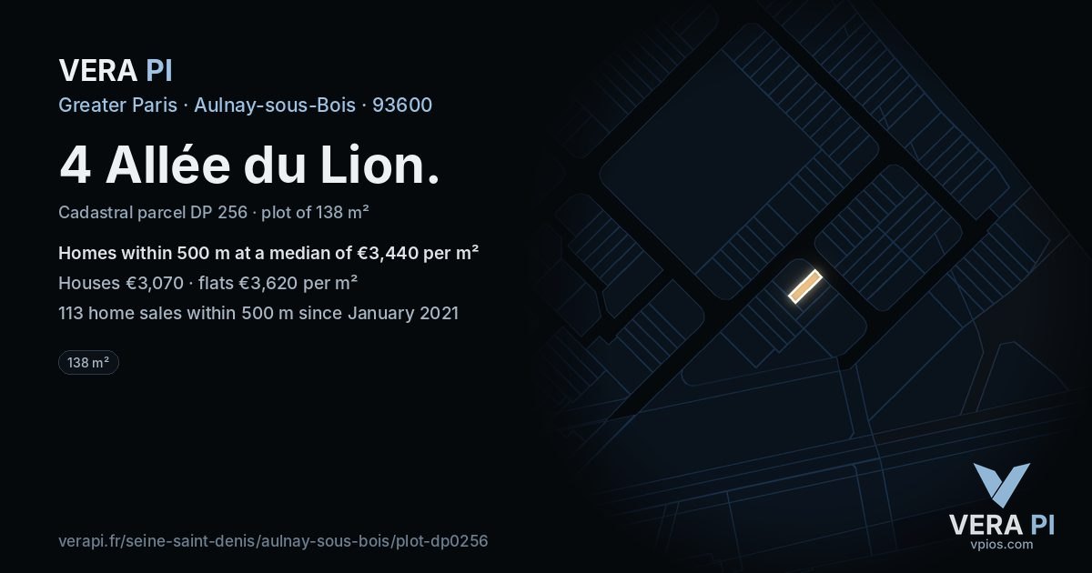 4 Allée du Lion, Aulnay-sous-Bois at night – the plot lit, the parcels around coloured by the prices near them