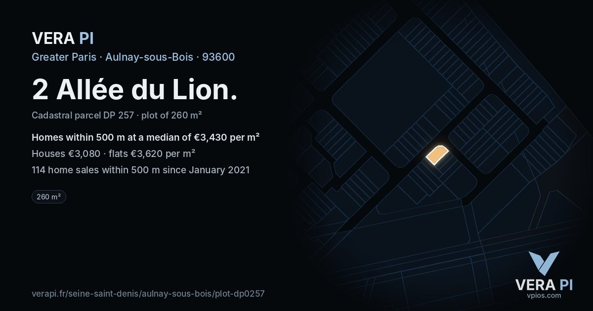 2 Allée du Lion, Aulnay-sous-Bois at night – the plot lit, the parcels around coloured by the prices near them