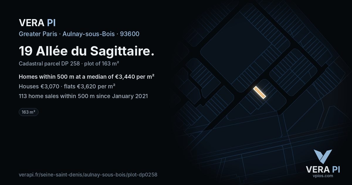 19 Allée du Sagittaire, Aulnay-sous-Bois at night – the plot lit, the parcels around coloured by the prices near them