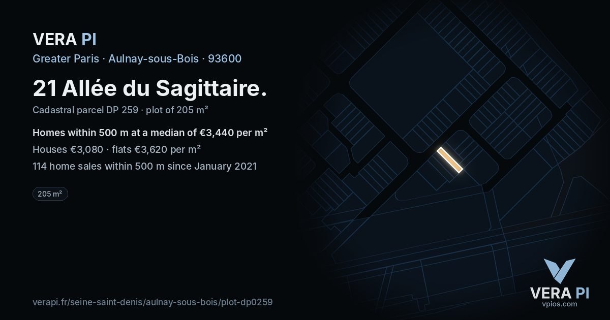 21 Allée du Sagittaire, Aulnay-sous-Bois at night – the plot lit, the parcels around coloured by the prices near them