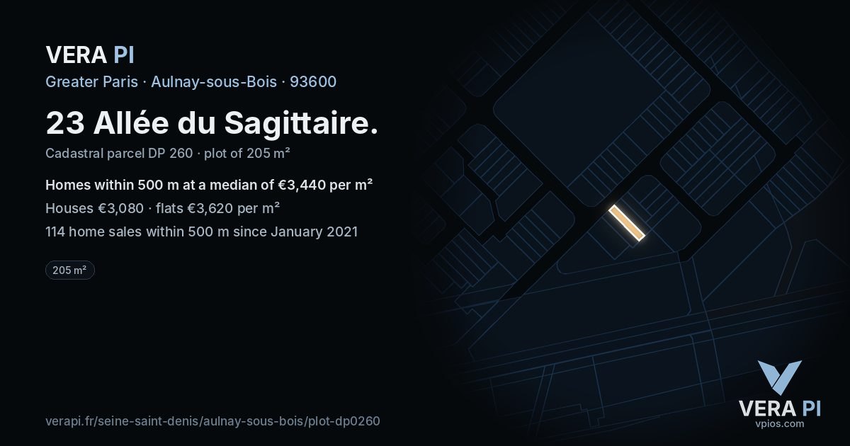 23 Allée du Sagittaire, Aulnay-sous-Bois at night – the plot lit, the parcels around coloured by the prices near them