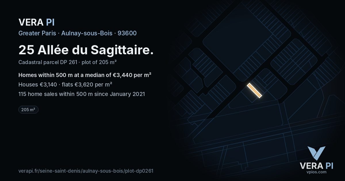 25 Allée du Sagittaire, Aulnay-sous-Bois at night – the plot lit, the parcels around coloured by the prices near them