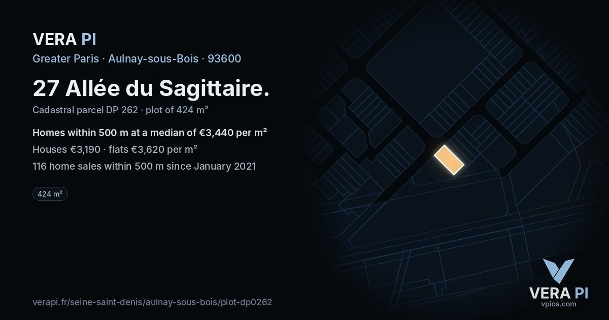 27 Allée du Sagittaire, Aulnay-sous-Bois at night – the plot lit, the parcels around coloured by the prices near them