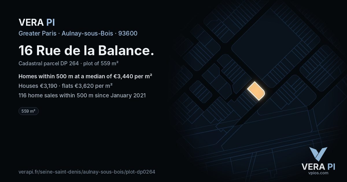 16 Rue de la Balance, Aulnay-sous-Bois at night – the plot lit, the parcels around coloured by the prices near them