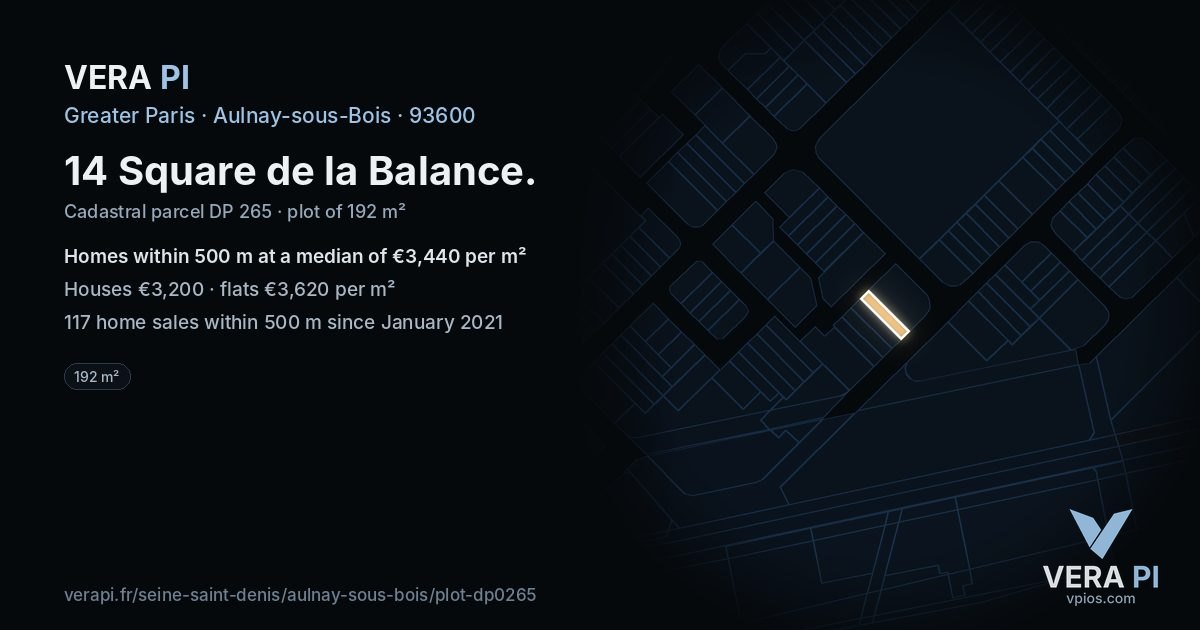 14 Square de la Balance, Aulnay-sous-Bois at night – the plot lit, the parcels around coloured by the prices near them