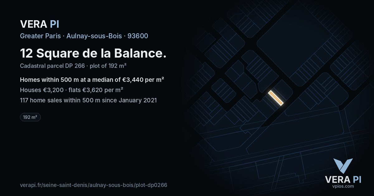 12 Square de la Balance, Aulnay-sous-Bois at night – the plot lit, the parcels around coloured by the prices near them
