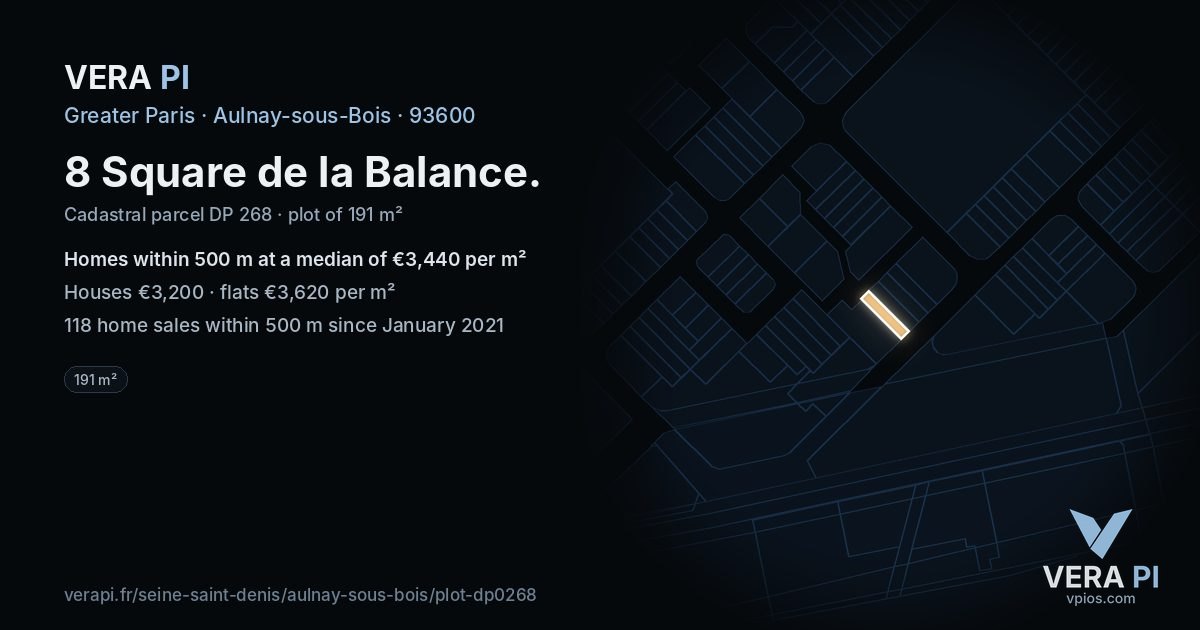 8 Square de la Balance, Aulnay-sous-Bois at night – the plot lit, the parcels around coloured by the prices near them