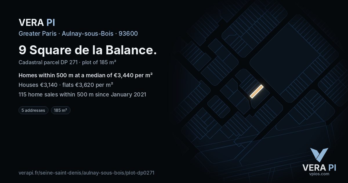 9 Square de la Balance, Aulnay-sous-Bois at night – the plot lit, the parcels around coloured by the prices near them