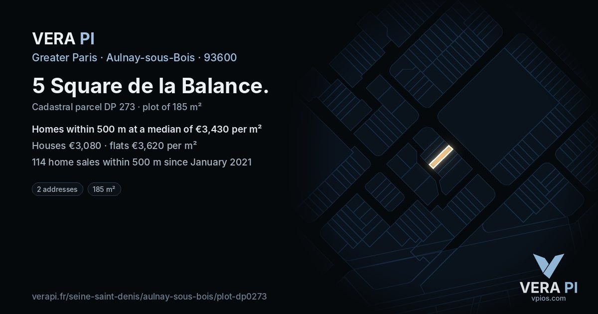 5 Square de la Balance, Aulnay-sous-Bois at night – the plot lit, the parcels around coloured by the prices near them