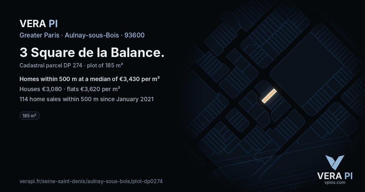 3 Square de la Balance, Aulnay-sous-Bois at night – the plot lit, the parcels around coloured by the prices near them