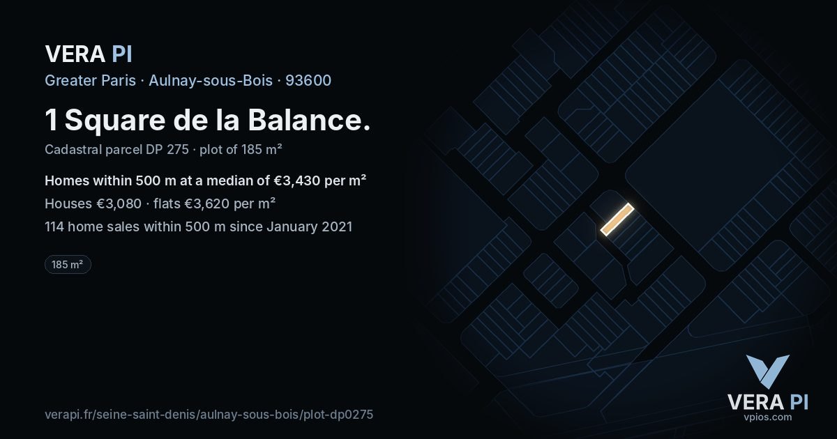 1 Square de la Balance, Aulnay-sous-Bois at night – the plot lit, the parcels around coloured by the prices near them