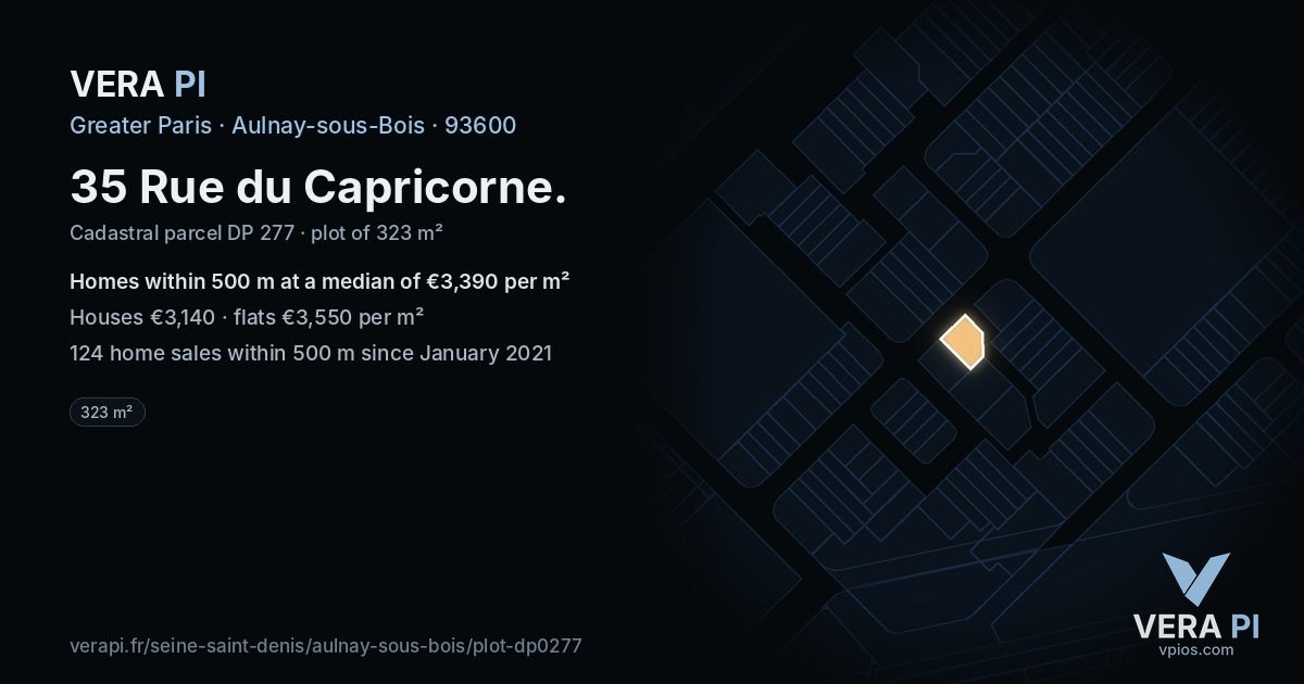 35 Rue du Capricorne, Aulnay-sous-Bois at night – the plot lit, the parcels around coloured by the prices near them