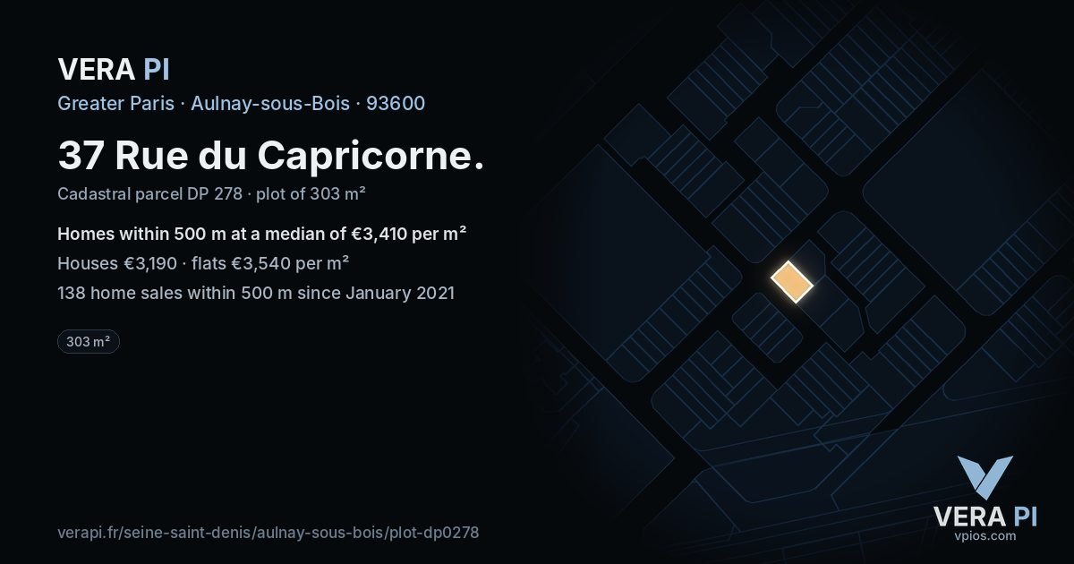37 Rue du Capricorne, Aulnay-sous-Bois at night – the plot lit, the parcels around coloured by the prices near them