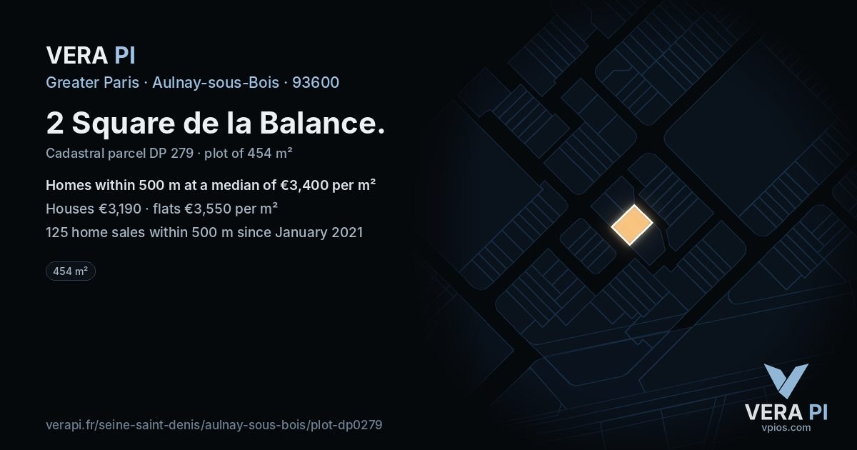 2 Square de la Balance, Aulnay-sous-Bois at night – the plot lit, the parcels around coloured by the prices near them