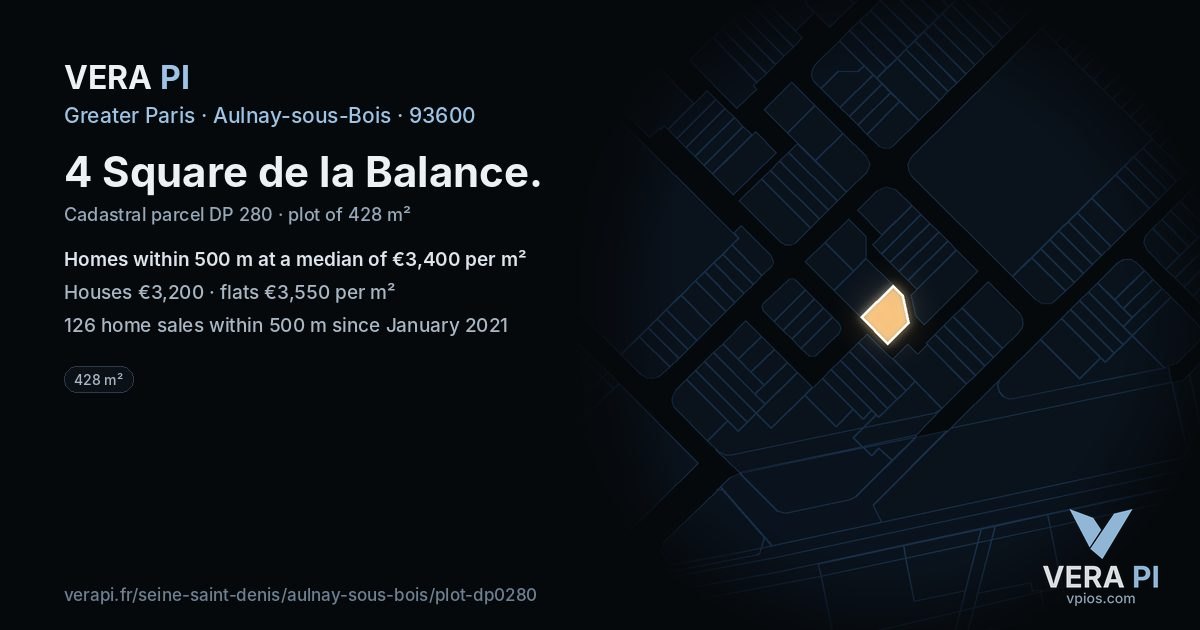 4 Square de la Balance, Aulnay-sous-Bois at night – the plot lit, the parcels around coloured by the prices near them