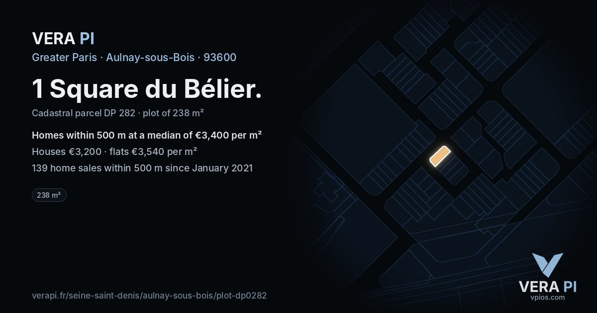 1 Square du Bélier, Aulnay-sous-Bois at night – the plot lit, the parcels around coloured by the prices near them
