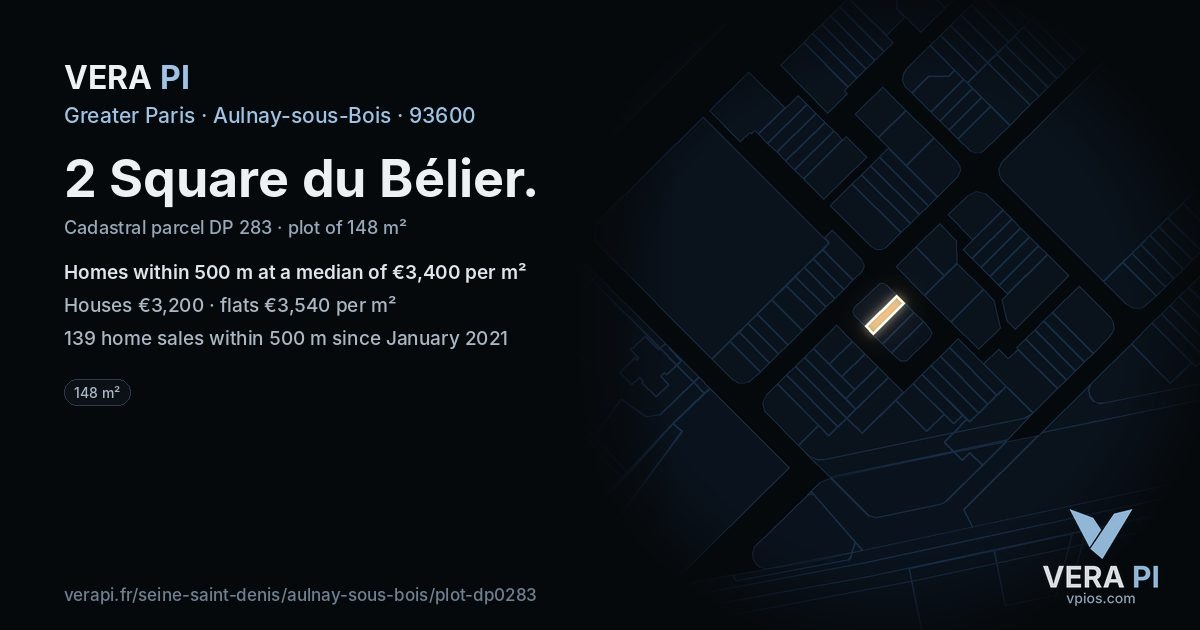 2 Square du Bélier, Aulnay-sous-Bois at night – the plot lit, the parcels around coloured by the prices near them