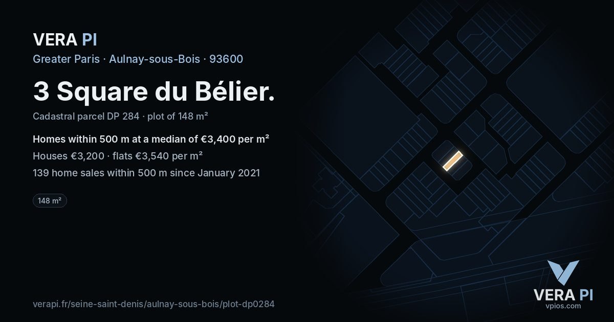 3 Square du Bélier, Aulnay-sous-Bois at night – the plot lit, the parcels around coloured by the prices near them