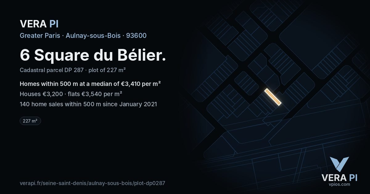 6 Square du Bélier, Aulnay-sous-Bois at night – the plot lit, the parcels around coloured by the prices near them