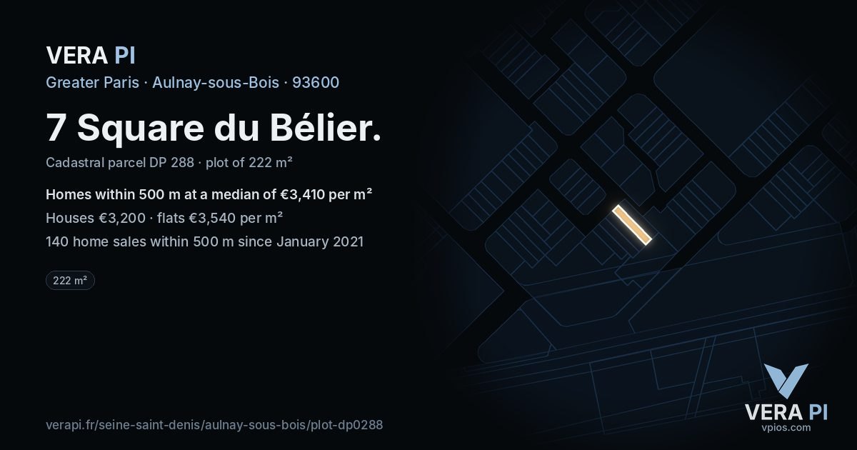 7 Square du Bélier, Aulnay-sous-Bois at night – the plot lit, the parcels around coloured by the prices near them