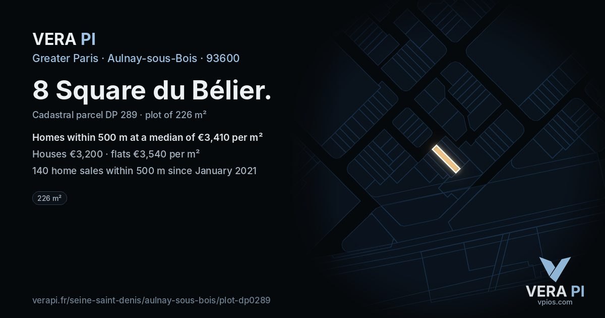 8 Square du Bélier, Aulnay-sous-Bois at night – the plot lit, the parcels around coloured by the prices near them