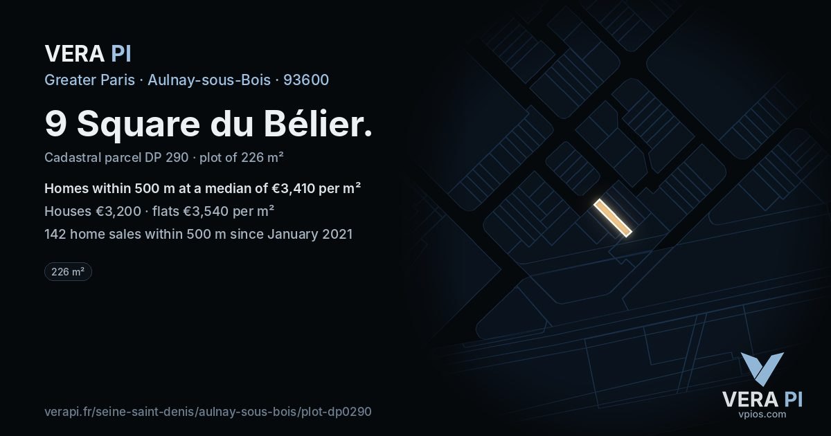 9 Square du Bélier, Aulnay-sous-Bois at night – the plot lit, the parcels around coloured by the prices near them