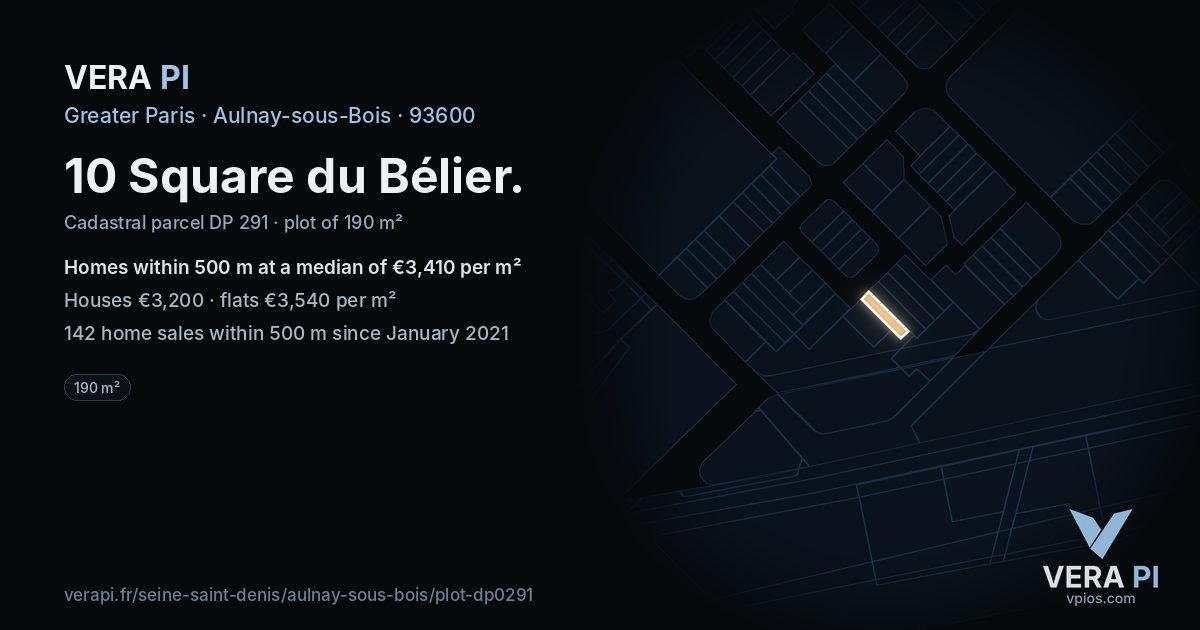 10 Square du Bélier, Aulnay-sous-Bois at night – the plot lit, the parcels around coloured by the prices near them