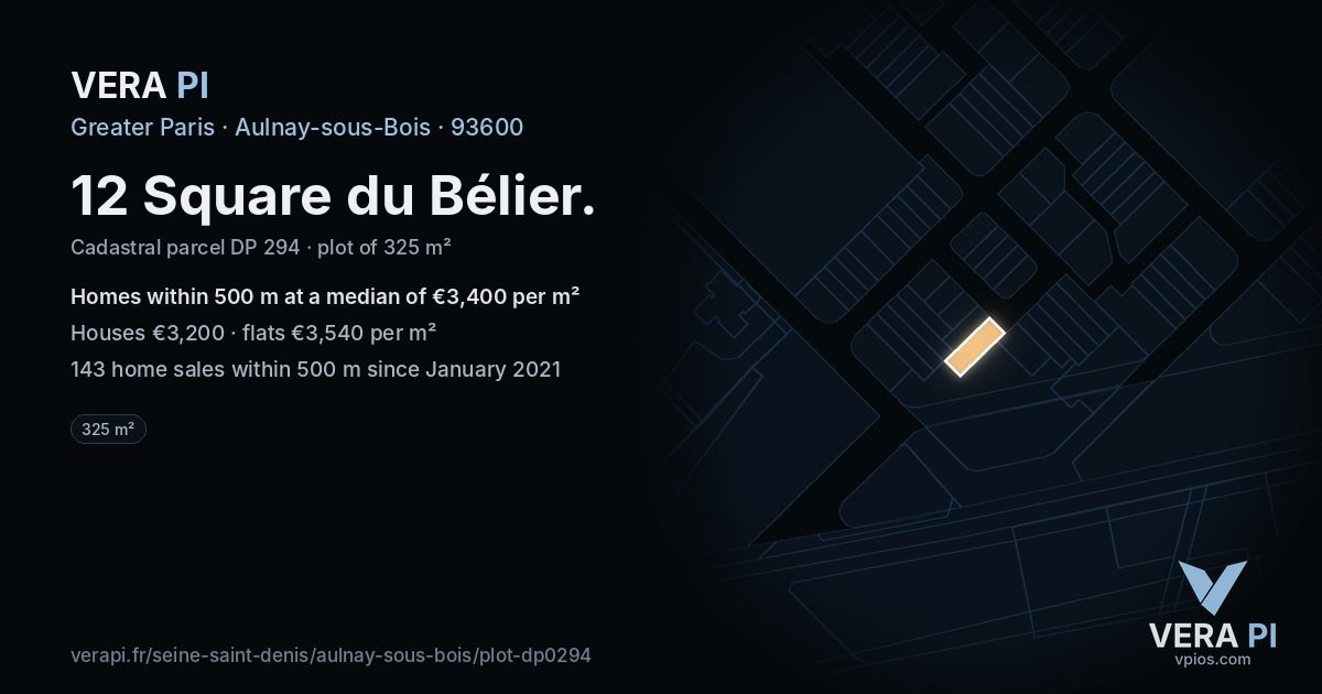 12 Square du Bélier, Aulnay-sous-Bois at night – the plot lit, the parcels around coloured by the prices near them