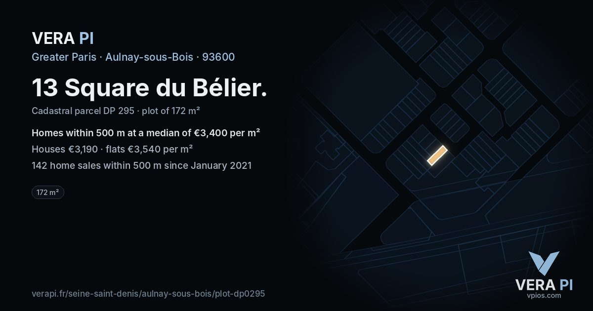 13 Square du Bélier, Aulnay-sous-Bois at night – the plot lit, the parcels around coloured by the prices near them
