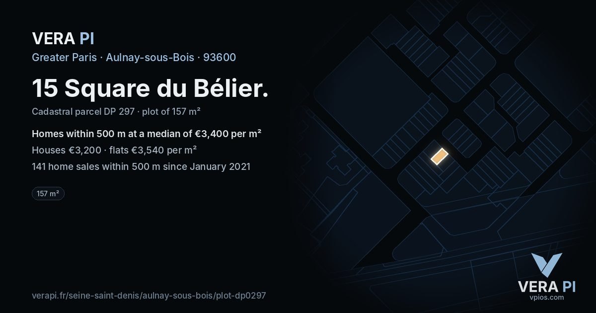 15 Square du Bélier, Aulnay-sous-Bois at night – the plot lit, the parcels around coloured by the prices near them