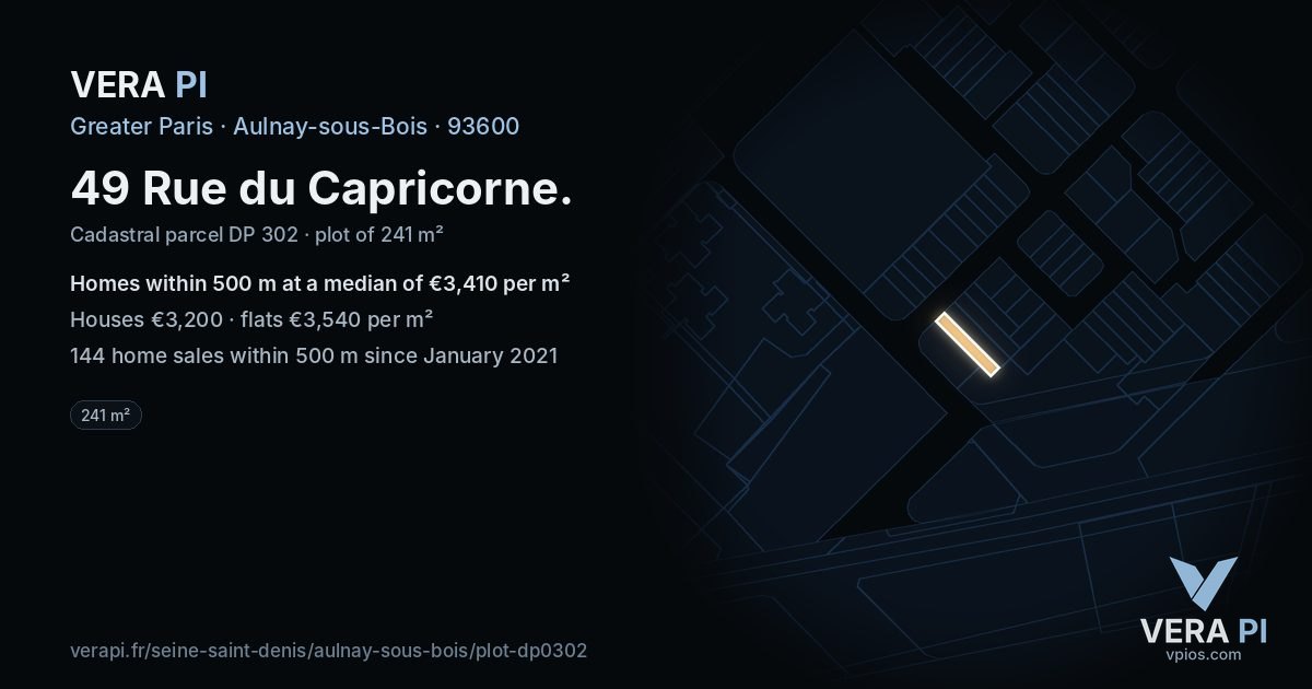49 Rue du Capricorne, Aulnay-sous-Bois at night – the plot lit, the parcels around coloured by the prices near them