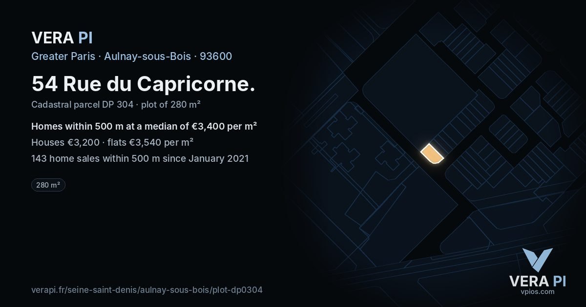 54 Rue du Capricorne, Aulnay-sous-Bois at night – the plot lit, the parcels around coloured by the prices near them