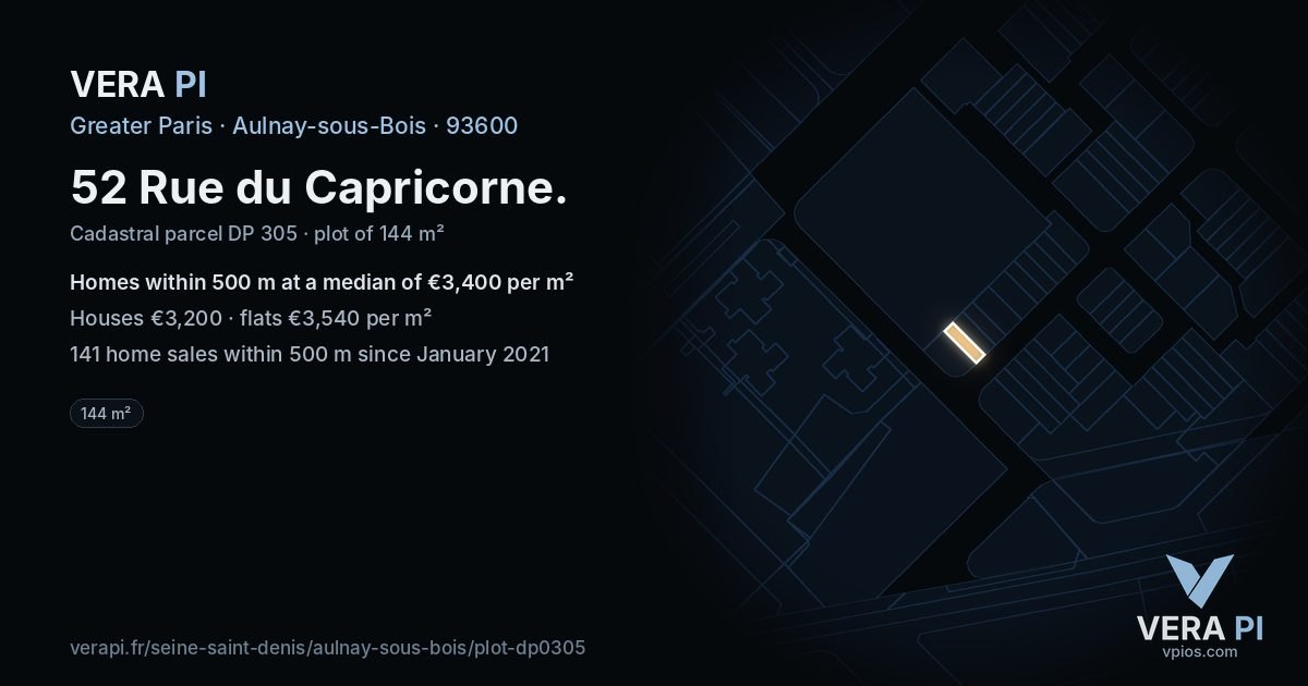 52 Rue du Capricorne, Aulnay-sous-Bois at night – the plot lit, the parcels around coloured by the prices near them