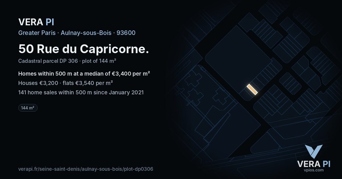 50 Rue du Capricorne, Aulnay-sous-Bois at night – the plot lit, the parcels around coloured by the prices near them