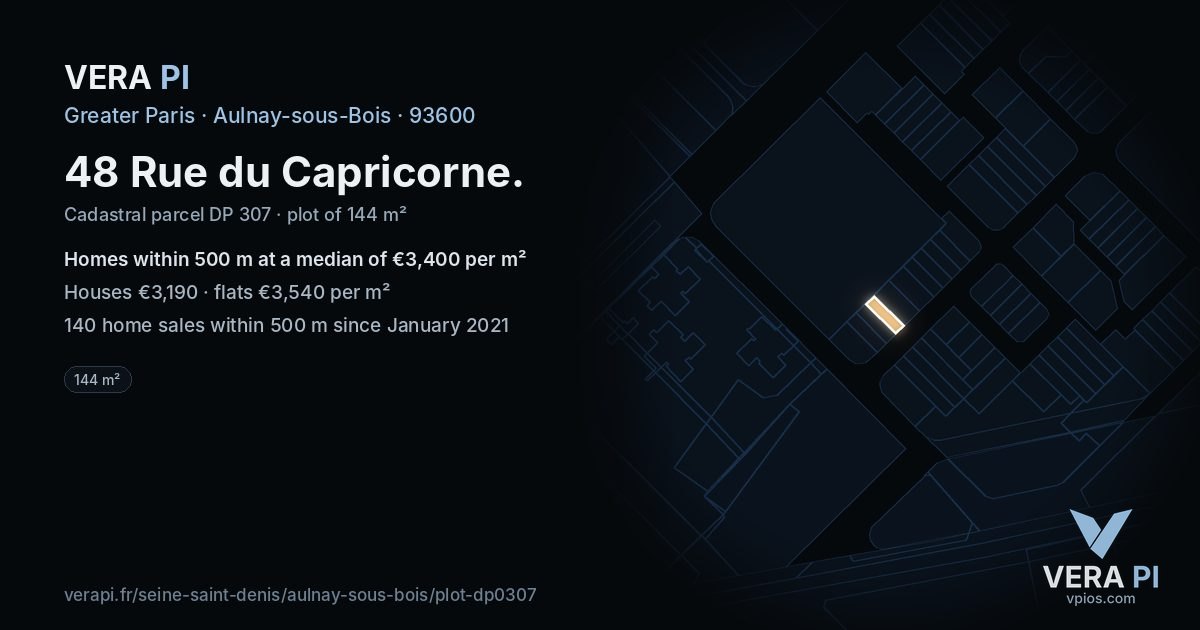 48 Rue du Capricorne, Aulnay-sous-Bois at night – the plot lit, the parcels around coloured by the prices near them