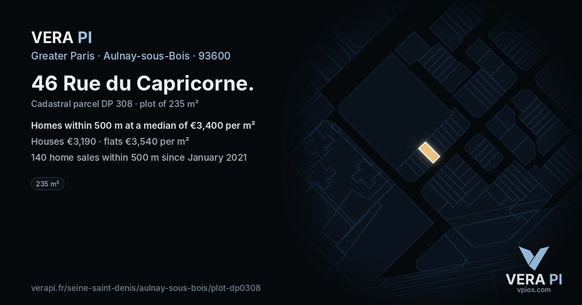 46 Rue du Capricorne, Aulnay-sous-Bois at night – the plot lit, the parcels around coloured by the prices near them