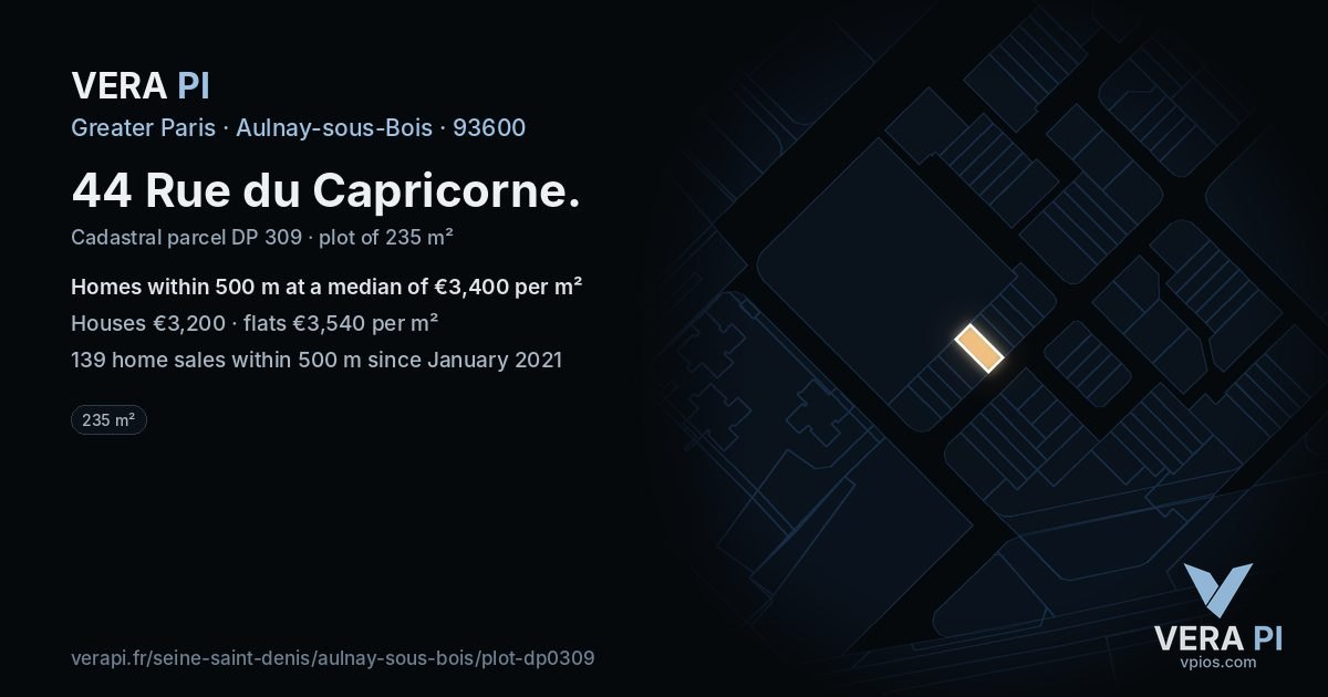 44 Rue du Capricorne, Aulnay-sous-Bois at night – the plot lit, the parcels around coloured by the prices near them