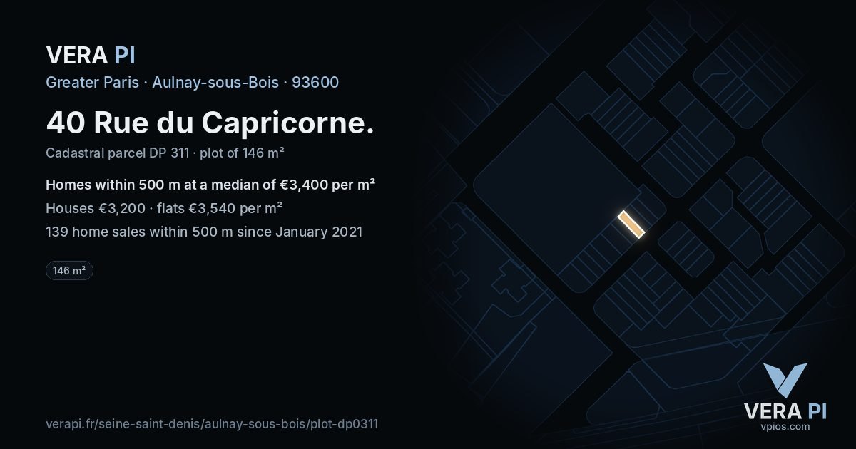40 Rue du Capricorne, Aulnay-sous-Bois at night – the plot lit, the parcels around coloured by the prices near them